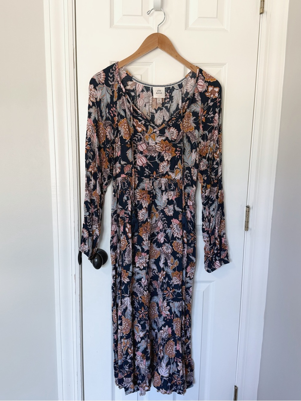 Knox Rose Navy Floral Long-Sleeve Midi Dress, size XL